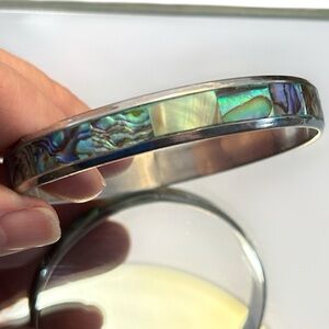 Silver tone abalone shell inlay bangle bracelet‎ costume jewelry